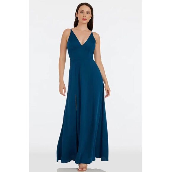 Dress The Population Iris Slit Crepe Gown In Peacock Blue/Teal size XL - Picture 3 of 13